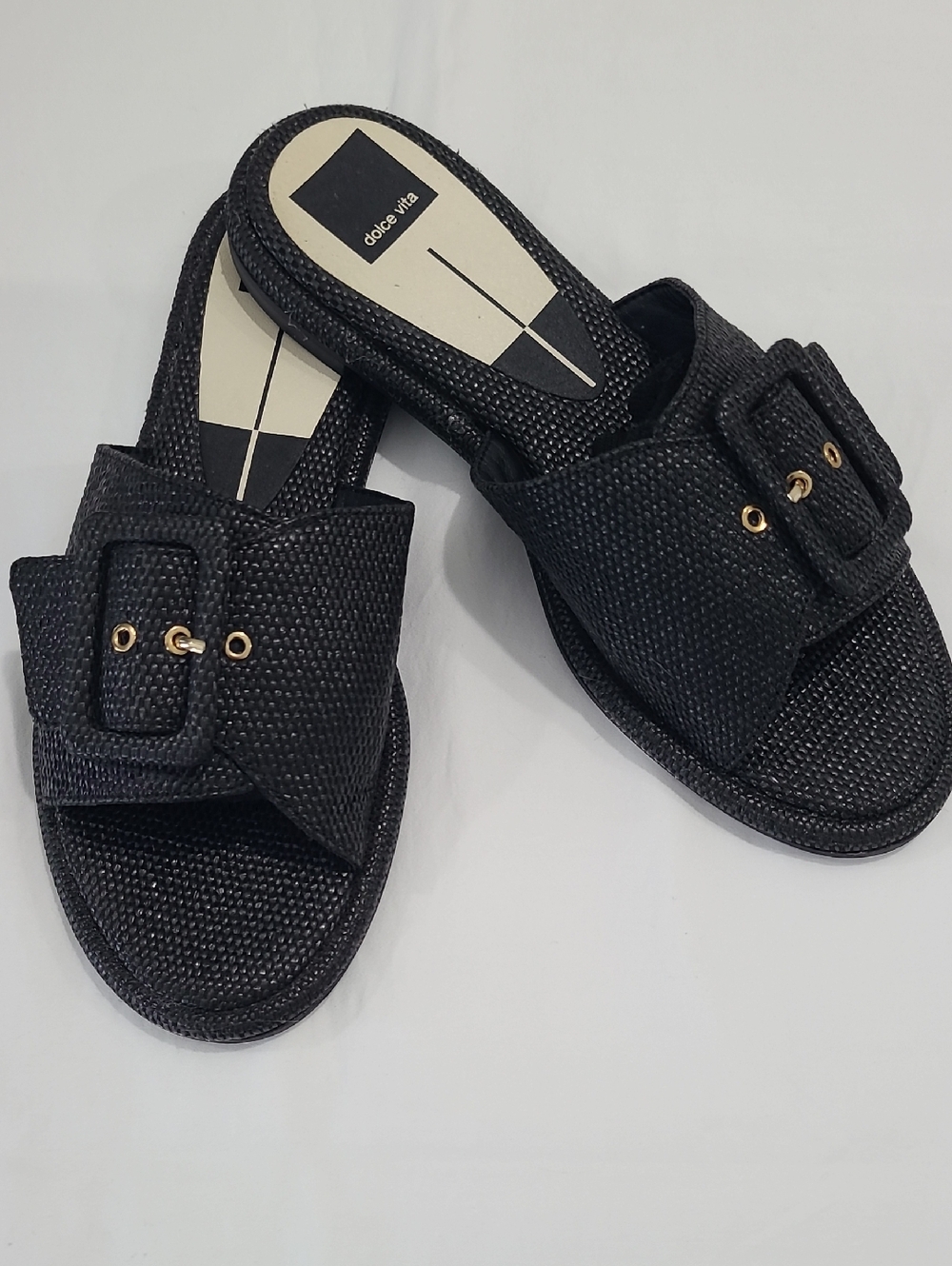 Dolce Vita Black Buckled Textured Woven Slide Sandals Size 8.5